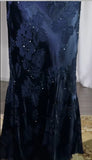 Vintage Navy Blue Jacquard Satin Spaghetti Strap Sheath Prom Dresses Shiny Beaded Evening Gowns HZ1108