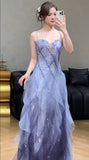 Fairytale Spaghetti Straps Sequins Tulle A-Line Long Prom Dresses Sweet 16 Evening Gowns HZ1108