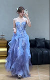 Fairytale Spaghetti Straps Sequins Tulle A-Line Long Prom Dresses Sweet 16 Evening Gowns HZ1108