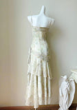 Vintage Print Chiffon Spaghetti Straps Layered Ruffles Prom Dresses HZ1108