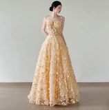 Sweet Yellow A-Line Spaghetti Straps Tulle Applique Beading Wedding Dress Fairytale Long Prom Dresses HZ1108