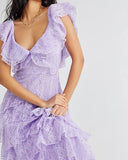 Sweet Lilac V-neck Lace Long Prom Dresses A-line Backless Evening Gowns HZ1108