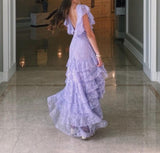 Sweet Lilac V-neck Lace Long Prom Dresses A-line Backless Evening Gowns HZ1108