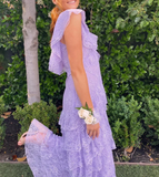 Sweet Lilac V-neck Lace Long Prom Dresses A-line Backless Evening Gowns HZ1108