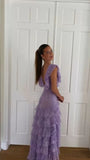 Sweet Lilac V-neck Lace Long Prom Dresses A-line Backless Evening Gowns HZ1108