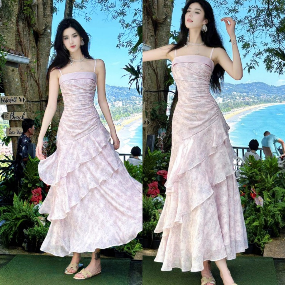 Fairytale Pink Spaghetti Straps Long Prom Dress Formal Dresses Chiffon Ruffles Layered Stunning 18th Birthday Party Dresses HZ1108