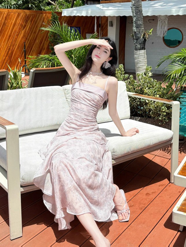 Fairytale Pink Spaghetti Straps Long Prom Dress Formal Dresses Chiffon Ruffles Layered Stunning 18th Birthday Party Dresses HZ1108