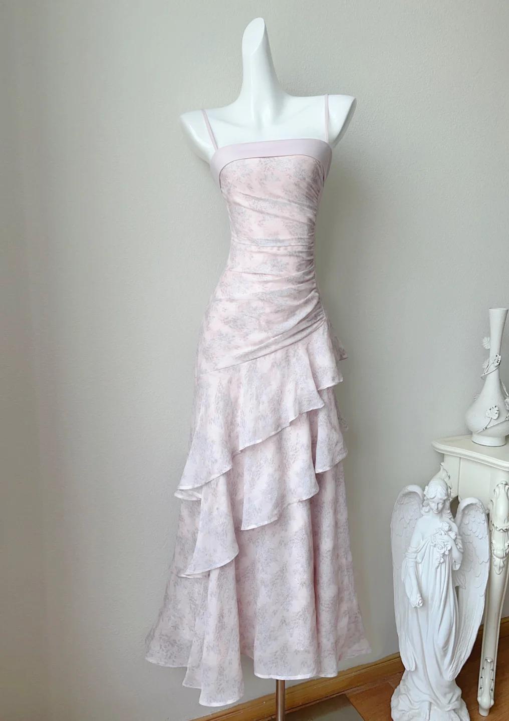 Fairytale Pink Spaghetti Straps Long Prom Dress Formal Dresses Chiffon Ruffles Layered Stunning 18th Birthday Party Dresses HZ1108