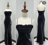 Elegant Black Spaghetti Strap Mermaid Satin Long Prom Dresses HZ1108