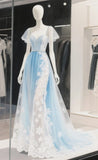 Sweet Sky Blue Sweetheart Neck Tulle Lace Beaded A-Line Wedding Dress Long Prom Dresses HZ1108
