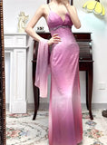 Gothic Retro Gradient Fuchsia Spaghetti Straps Satin Open Back Elegant Long Prom Dresses HZ1108