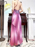 Gothic Retro Gradient Fuchsia Spaghetti Straps Satin Open Back Elegant Long Prom Dresses HZ1108