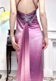 Gothic Retro Gradient Fuchsia Spaghetti Straps Satin Open Back Elegant Long Prom Dresses HZ1108