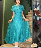 Vintage Turquoise Round Neck Lace Chiffon A-Line Party Dress HZ1108