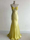 Butter Yellow Formal Dresses Spaghetti Straps Satin Mermaid Long Prom Dresses HZ1108