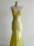 Butter Yellow Formal Dresses Spaghetti Straps Satin Mermaid Long Prom Dresses HZ1108