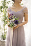 Elegant Purple Tulle A-Line V-Neck Bridesmaid Dress Prom Dresses HZ1108
