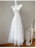 Fairytale Pearl Butterfly Tulle White French A-Line Spaghetti Straps Birthday Dresses HZ1108