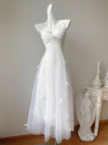 Fairytale Pearl Butterfly Tulle White French A-Line Spaghetti Straps Birthday Dresses HZ1108