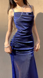 Midnight Blue Shiny Silk Mermaid Dress Swing Neck Luxurious Birthday Party Dress HZ1108