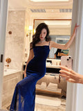 Midnight Blue Shiny Silk Mermaid Dress Swing Neck Luxurious Birthday Party Dress HZ1108