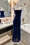 Midnight Blue Shiny Silk Mermaid Dress Swing Neck Luxurious Birthday Party Dress HZ1108