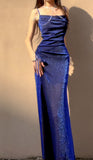 Midnight Blue Shiny Silk Mermaid Dress Swing Neck Luxurious Birthday Party Dress HZ1108
