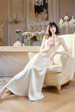 French Light Champagne Spaghetti Strap Satin A-Line Bridal Dress Elegant Wedding Guest Dress HZ1108