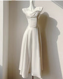 French Light Champagne Spaghetti Strap Satin A-Line Bridal Dress Elegant Wedding Guest Dress HZ1108