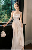 Light Champagne French Pearl Pendant Party Dress Satin Spaghetti Straps Chiffon Birthday Dress HZ1108