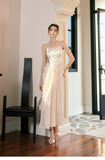Light Champagne French Pearl Pendant Party Dress Satin Spaghetti Straps Chiffon Birthday Dress HZ1108