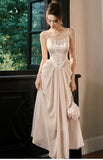 Light Champagne French Pearl Pendant Party Dress Satin Spaghetti Straps Chiffon Birthday Dress HZ1108