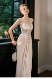 Light Champagne French Pearl Pendant Party Dress Satin Spaghetti Straps Chiffon Birthday Dress HZ1108