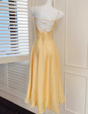 Sweet Butter Yellow Spaghetti Strap A-Line Birthday Dress Elegant Backless Party Dress HZ1108