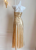 Elegant Gold Sequin Spaghetti Strap A-Line Evening Dress Backless Sparkling Birthday Party Dress HZ1108