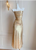 Elegant Gold Sequin Spaghetti Strap A-Line Evening Dress Backless Sparkling Birthday Party Dress HZ1108