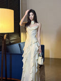 Sweet Birthday Evening Gowns Off-White Spaghetti Straps Chiffon Ruffles A-Line Prom Dresses HZ1108