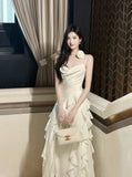 Sweet Birthday Evening Gowns Off-White Spaghetti Straps Chiffon Ruffles A-Line Prom Dresses HZ1108