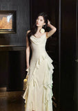 Sweet Birthday Evening Gowns Off-White Spaghetti Straps Chiffon Ruffles A-Line Prom Dresses HZ1108