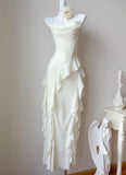 Sweet Birthday Evening Gowns Off-White Spaghetti Straps Chiffon Ruffles A-Line Prom Dresses HZ1108