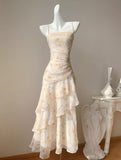 Sweet French Ruffle Print Spaghetti Strap Dress Fashion Mermaid Party Dress HZ1108