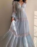 Vintage Palace Style Lace Chiffon Prom Dresses Fairytale Birthday Evening Gowns HZ1108