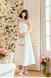 Pretty Moonlight White Strapless A-Line Jacquard Satin Evening Gowns Elegant Birthday Prom Dresses HZ1108