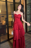 Retro Red Spaghetti Strap Chiffon Ruffles A-Line Prom Dresses Gorgeous Birthday Party Dress HZ1108