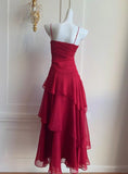 Retro Red Spaghetti Strap Chiffon Ruffles A-Line Prom Dresses Gorgeous Birthday Party Dress HZ1108