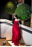 Retro Red Spaghetti Strap Chiffon Ruffles A-Line Prom Dresses Gorgeous Birthday Party Dress HZ1108