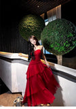 Retro Red Spaghetti Strap Chiffon Ruffles A-Line Prom Dresses Gorgeous Birthday Party Dress HZ1108