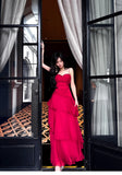 Retro Red Spaghetti Strap Chiffon Ruffles A-Line Prom Dresses Gorgeous Birthday Party Dress HZ1108