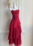 Retro Red Spaghetti Strap Chiffon Ruffles A-Line Prom Dresses Gorgeous Birthday Party Dress HZ1108