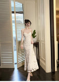 White Elegant 3D Flower Embroidery Spaghetti Straps Mermaid Birthday Party Dress HZ1108